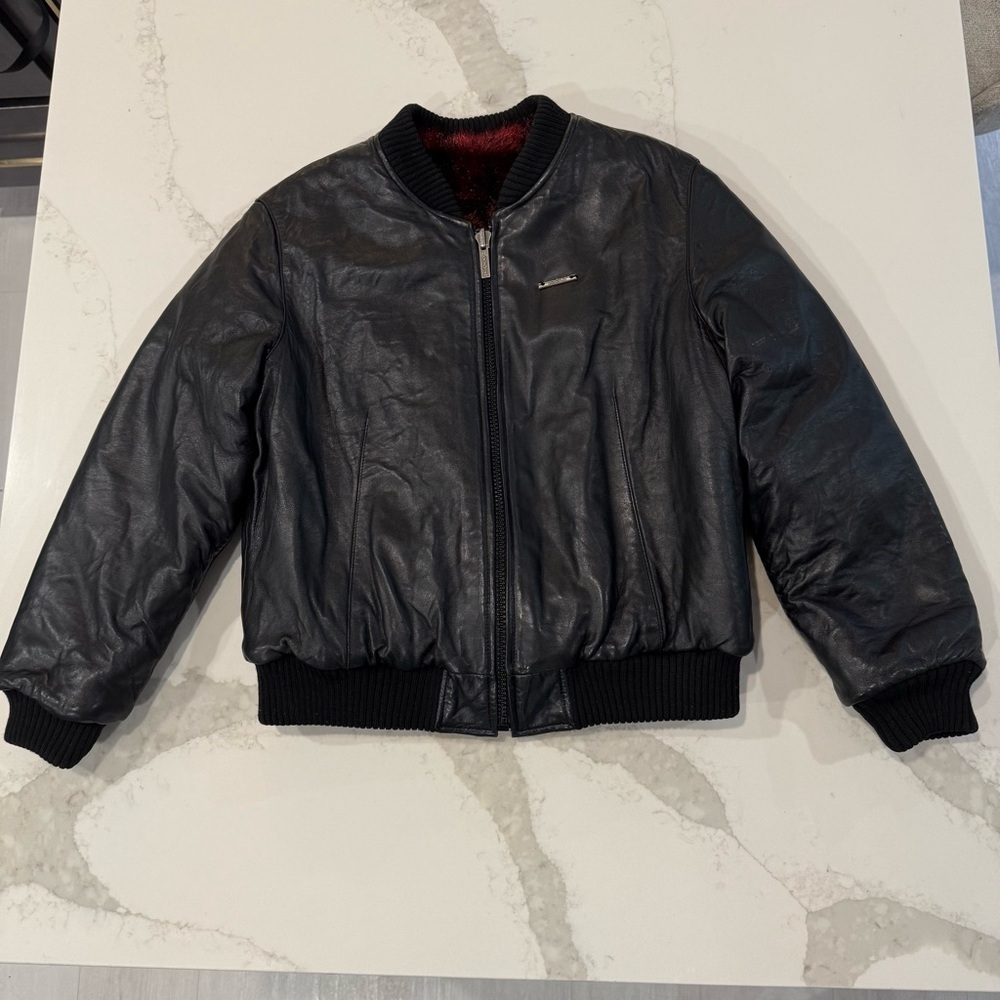 Vintage Y2K Ecko Unlimited Reversible Leather Bomber Jacket Red Fur Womens Large